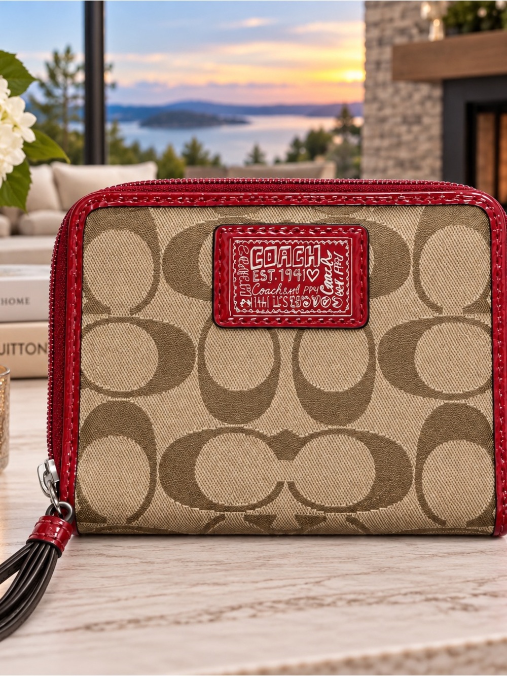 Coach Poppy Khaki Signature Canvas Wristlet with Red Trim